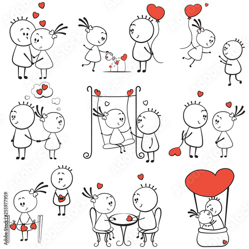 collection cartoon figure lovers in different poses with red heart, stick man