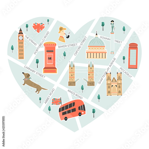 Illustrated map of London with landmarks, symbols