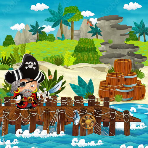 Fototapeta Naklejka Na Ścianę i Meble -  cartoon scene with beach shore with wooden traditional barrels and cannon balls on some tropical island and pirate captain - illustration for children