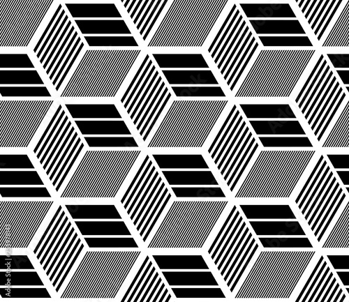 Seamless op art geometric pattern. 3D illusion. Black and white isometric background and texture.