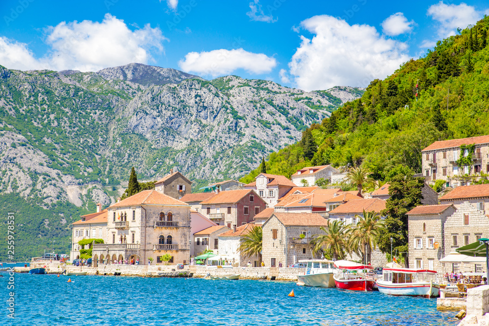 Historic town of Perast at Bay of Kotor in summer, Montenegro Historic town of Perast at Bay of Kotor in summer, Montenegro
