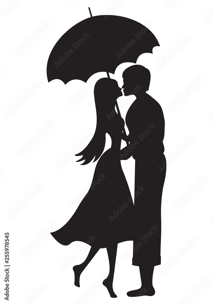 Sweet couple lover silhouette under red umbrella and raining, vector design, hand drawn Sweet couple lover silhouette under red umbrella and raining, vector design, hand drawn