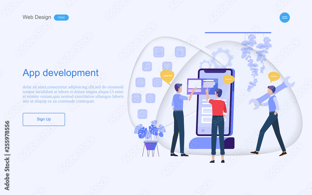 Business concept of web design for teamwork in app development consulting and solutions. Vector illustration.