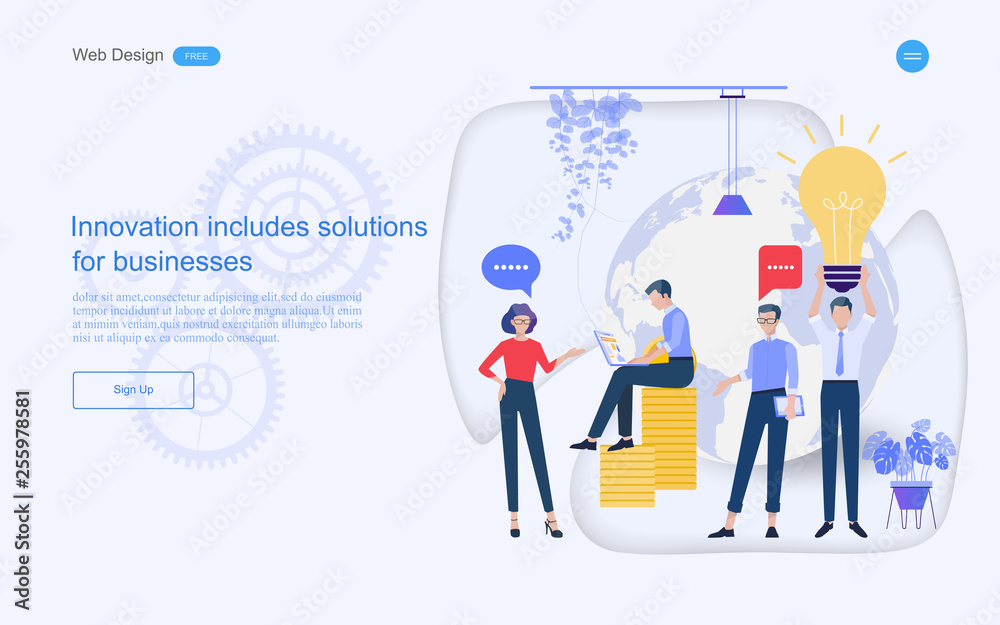 Business concept of web design for teamwork in collaborative planning data analysis and solutions include business services. Vector illustration.