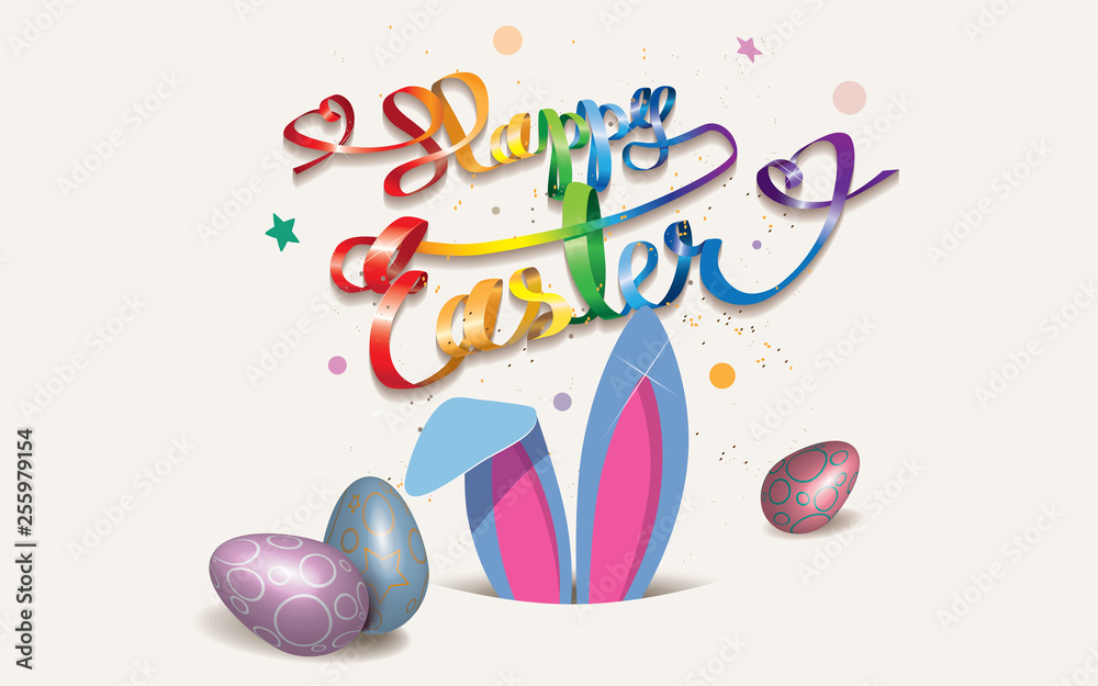 Happy Easter greeting card with Easter bunny in the hole,ribbon in rainbow colors,eggs and confetti isolated on a light background Happy Easter greeting card with Easter bunny in the hole,ribbon in rainbow colors,eggs and confetti isolated on a light background