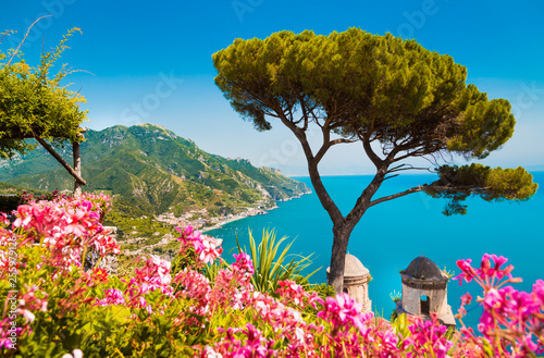 Amalfi Coast with Gulf of Salerno from Villa Rufolo gardens in Ravello, Campania, Italy photo