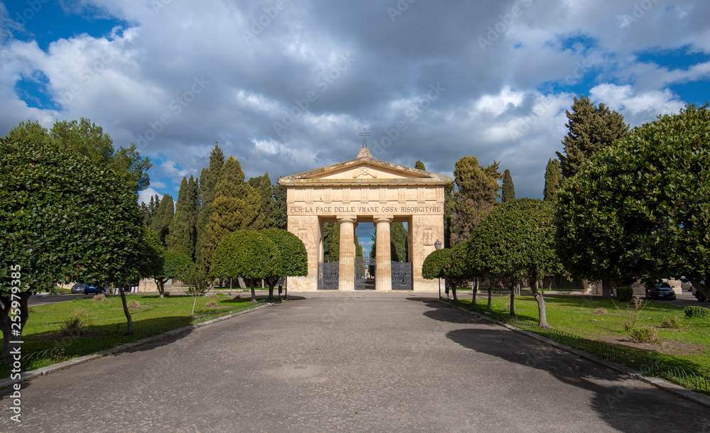 Old Roman Gate, entrance to the cemetery park (Cimitero Storico) in Lecce, Puglia, Italy. A region of Apulia
