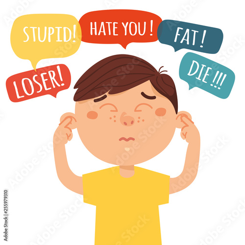 Social and cyber bullying concept. Vector illustration about hate messages, body shaming, fat shaming, racism at school. 