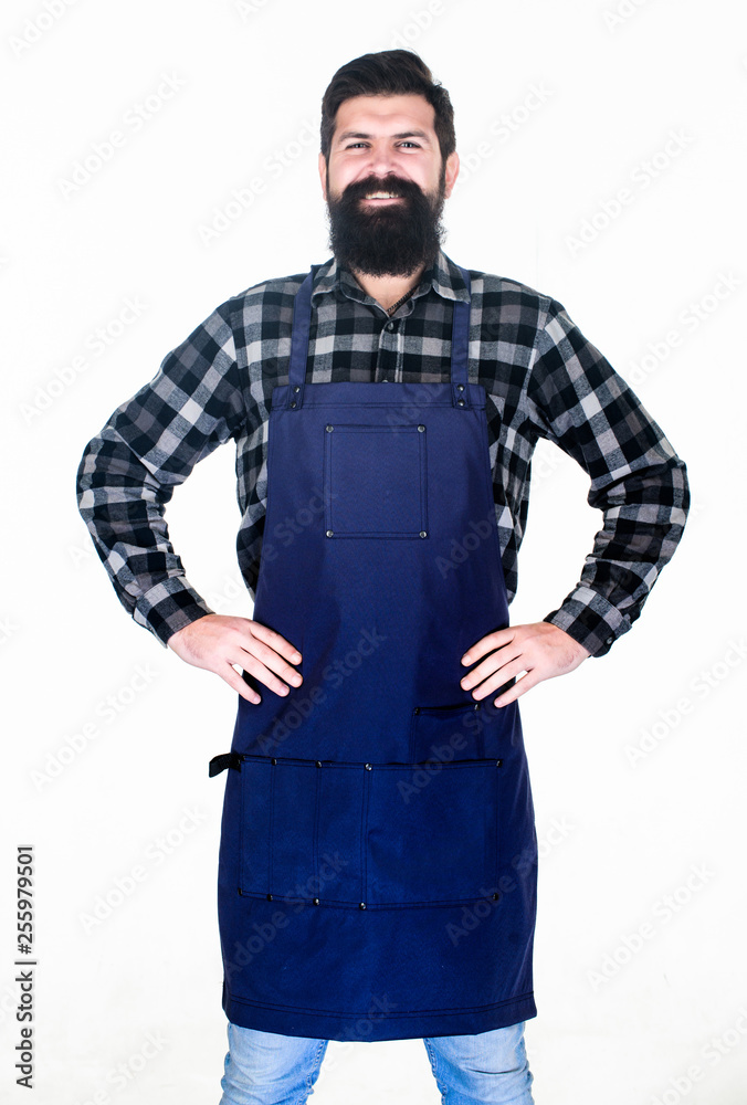 For a practical and confident chef. Bearded man cook in kitchen apron. Grill cook isolated on white. Cook with long beard wearing bib apron. Master cook in cooking apron with pockets For a practical and confident chef. Bearded man cook in kitchen apron. Grill cook isolated on white. Cook with long beard wearing bib apron. Master cook in cooking apron with pockets
