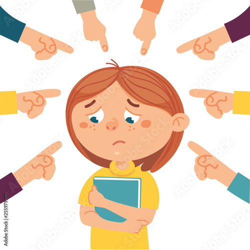 Social bullying concept. Vector illustration about online or public trolling, fat and body shaming, racism at school. 