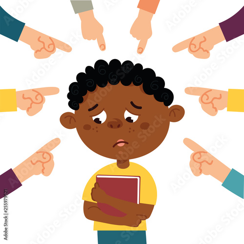 Social bullying concept. Vector illustration about online or public trolling, fat and body shaming, racism at school. 