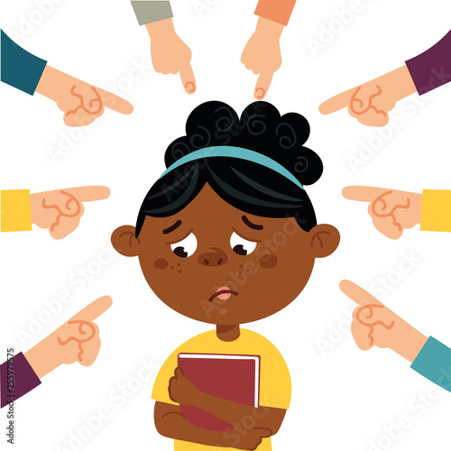 Social bullying concept. Vector illustration about online or public trolling, fat and body shaming, racism at school. 