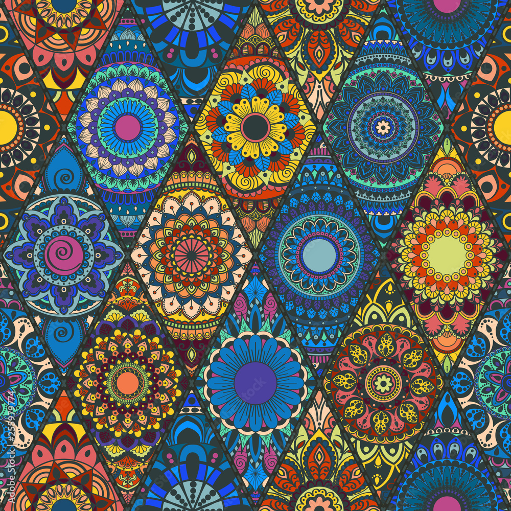 Fototapeta premium Seamless ornate floral texture, pattern with vintage mandala elements. Can be used for wallpaper, pattern fills, web page background, surface textures.Islam, Arabic, Indian, ottoman motifs.