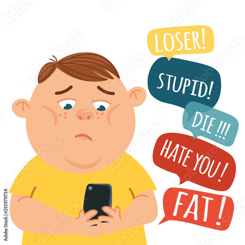 Cyber bullying concept. Teenage Girl Being Bullied By abusive text messages. Flat style vector illustration