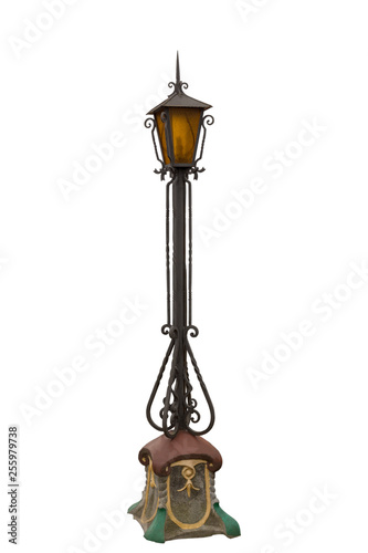 Canvas Print The old cast iron lamp post with red glass isolated on white background