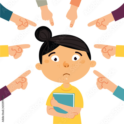 Social bullying concept. Vector illustration about online or public trolling, fat and body shaming, racism at school. 