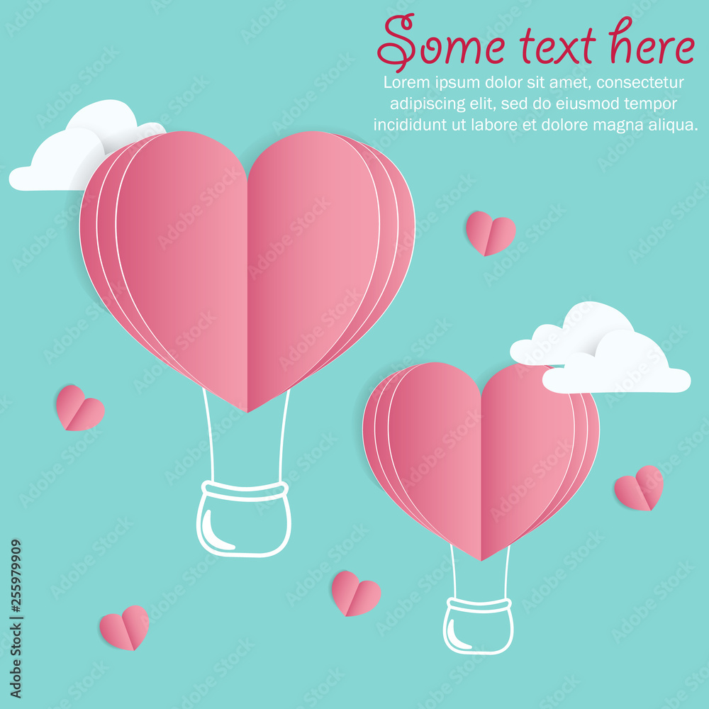 Love Invitation card. Balloon heart on abstract background with text love,paper cut heart.Illustration of love and valentine day.Origami made air balloon with heart float on the sky.Paper art style.