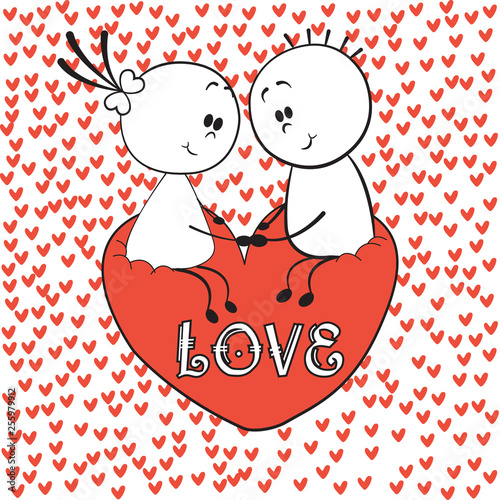 Doodle lovers: a boy and a girl holding hands, sitting on the love heart with red hearts around. Cartoon figure lovers, stick man. Love Invitation card. Illustration of love and valentine day.