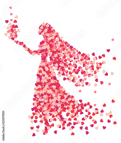 Vector silhouette girl of a confetti splash, hand drawn. Valentines Day background congratulation card. Heart shape of a lot of small hearts on a white background. Girl keep heart splash on hand.
