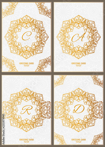 Set of cards and invitation with gold mandala. Decorative ornament for card design: wedding, birthday, party, greeting. Vintage mandala element. Hand drawn. Islam, Arabic, Indian, ottoman motifs.