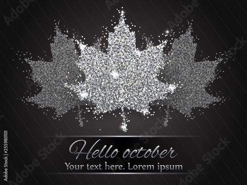 Elegant autumn background with silver shining maple leaves. Vector illustration. Silver leaves on dark background.