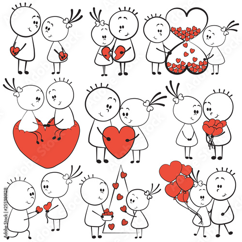 collection cartoon figure lovers in different poses with red heart, stick man. Set of doodle happy cute couple with love valentine hearts.