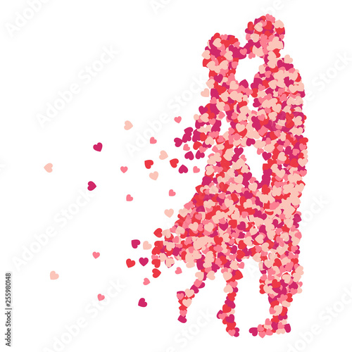 Vector sweet couple lover silhouette of a confetti splash, vector design, hand drawn. Valentines Day background congratulation card. Heart shape of a lot of small hearts on a white background.
