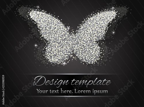 Elegant autumn background with shining silver butterfly. Vector illustration. Silver butterfly on dark background.