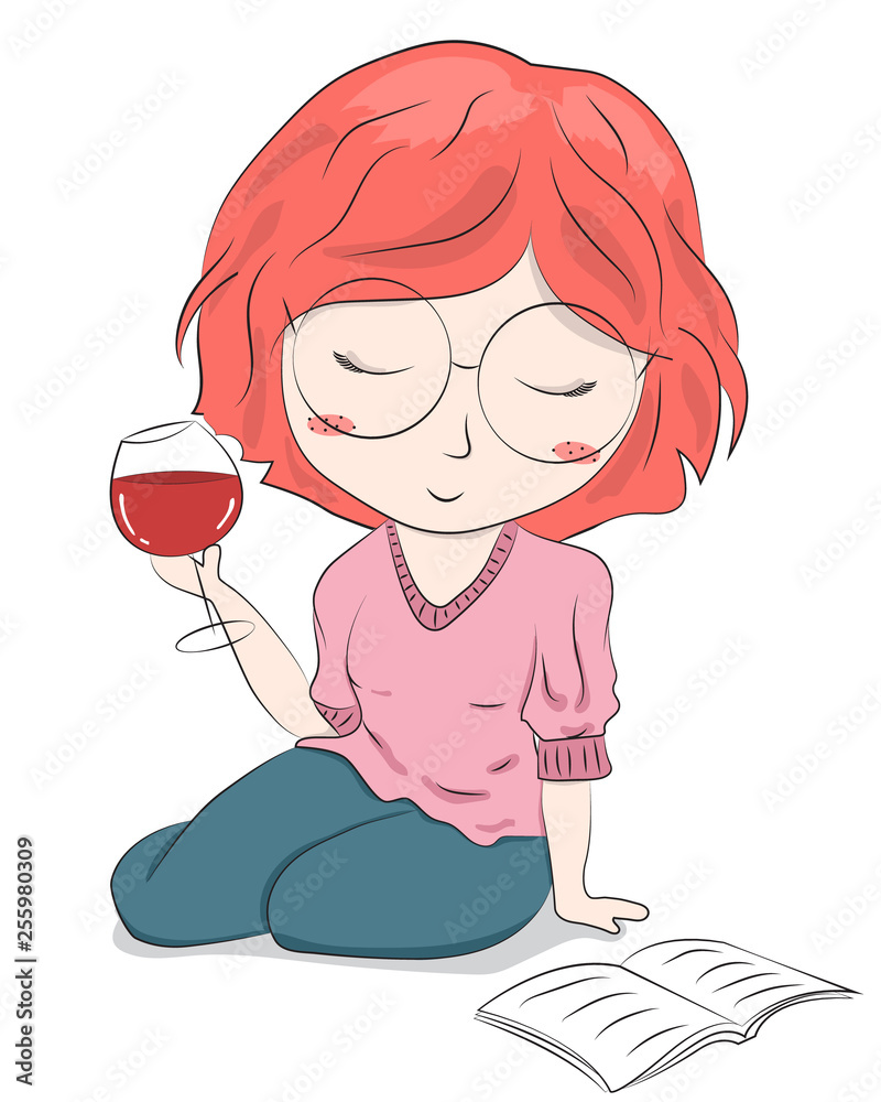 Cute cartoon girl reading book with glass of wine isolated on white background. Children cartoon dancing character.Valentines or romantic card.T-shirt print. Template for design cards, notebook, shop, Cute cartoon girl reading book with glass of wine isolated on white background. Children cartoon dancing character.Valentines or romantic card.T-shirt print. Template for design cards, notebook, shop,