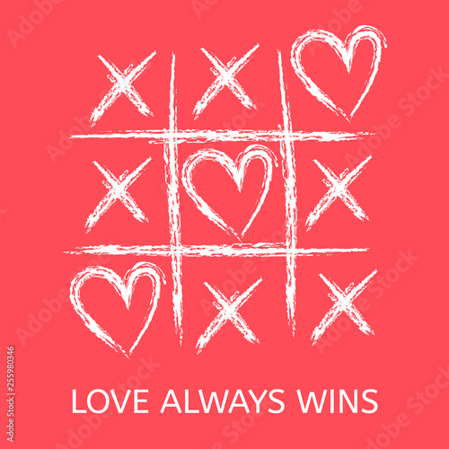 Tic tac toe game with criss cross and heart sign mark. XOXO. Hand drawn brush. Doodle line. Happy Valentines day card. Flat design Isolated. Vector illustration. Hug and kiss, love game.