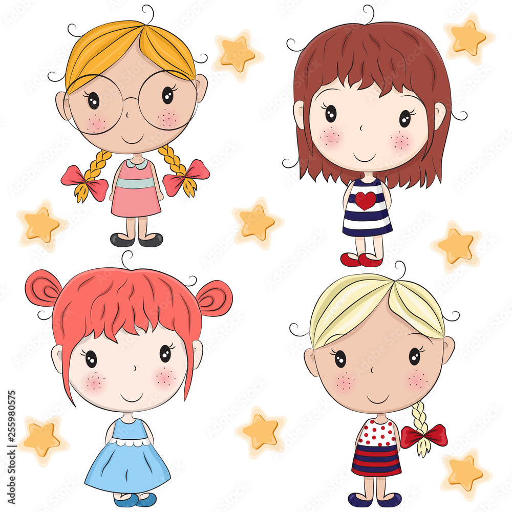 Set of Cute cartoon girls on a white background. Cute kids, girls. Children cartoon be used for kids clothing. Template for design cards, notebook, shop, poster. Stock Vector | Adobe Stock Set of Cute cartoon girls on a white background. Cute kids, girls. Children cartoon be used for kids clothing. Template for design cards, notebook, shop, poster. Stock Vector | Adobe Stock