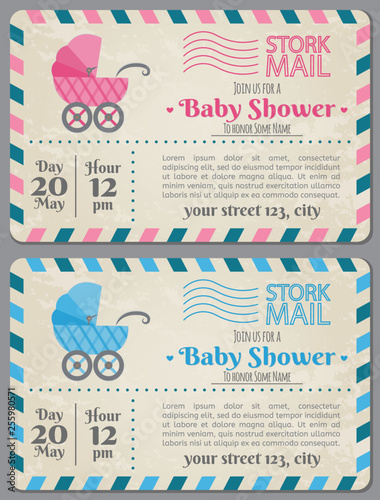 Set of baby shower invitation card. Baby frame with stroller and stickers on striped background. It's a boy. It's a girl.