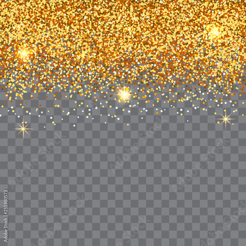 Vector shining gold confetti splash. Gold glitter border. Template for holiday designs, card, invitation, party, birthday, wedding, baby shower, bridal shower, save the date. Glitter confetti