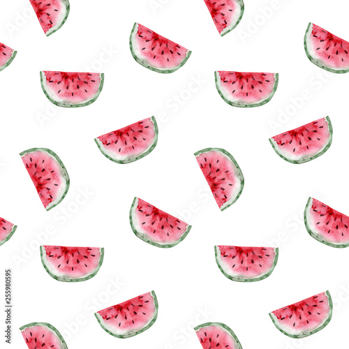 Seamless pattern. Watercolor watermelon fruit. Hand drawn summer illustration. Design for fabric, packaging, textile, cover, postcard, paper, stationery, scrapbooking, wrapping, clothes, cards