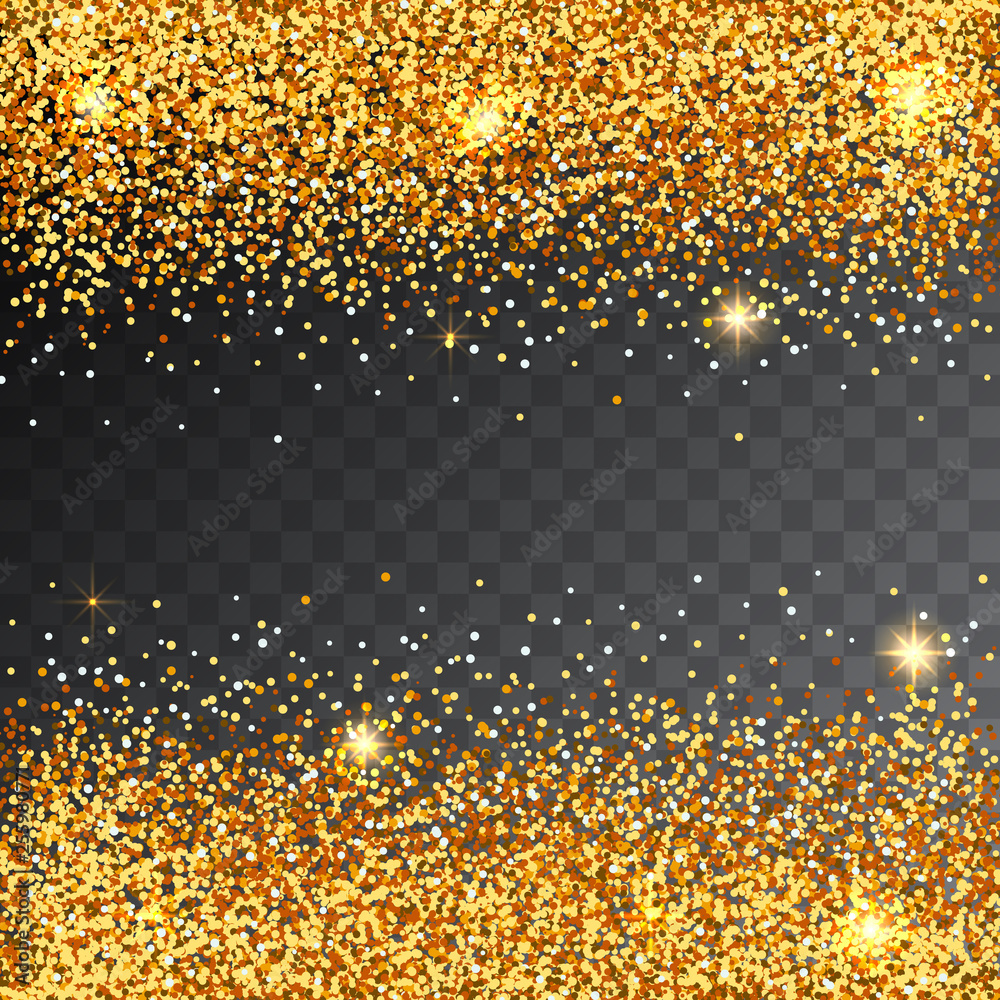 Vector shining gold confetti splash. Gold glitter border. Template for holiday designs, card, invitation, party, birthday, wedding, baby shower, bridal shower, save the date. Glitter confetti