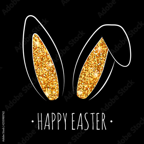Happy Easter greeting card with gold cute bunny ears. Vector illustration. Glitter rabbit ears with gold shine
