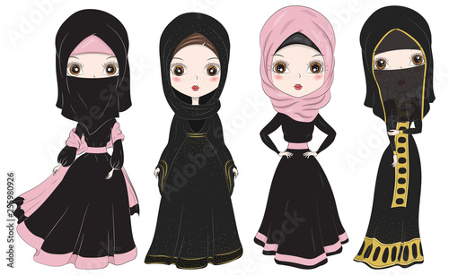 Set of hand drawn Arabic woman in hijab and Niqab on white background. Cartoon character in traditional Muslim hijab. Islamic Women in Niqab Style.