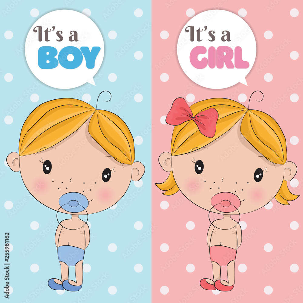 Set of baby shower invitation card babies boy and girl. Baby frame with boy/ girl and stickers on striped background. It's a boy. It's a girl. Stock  Vector