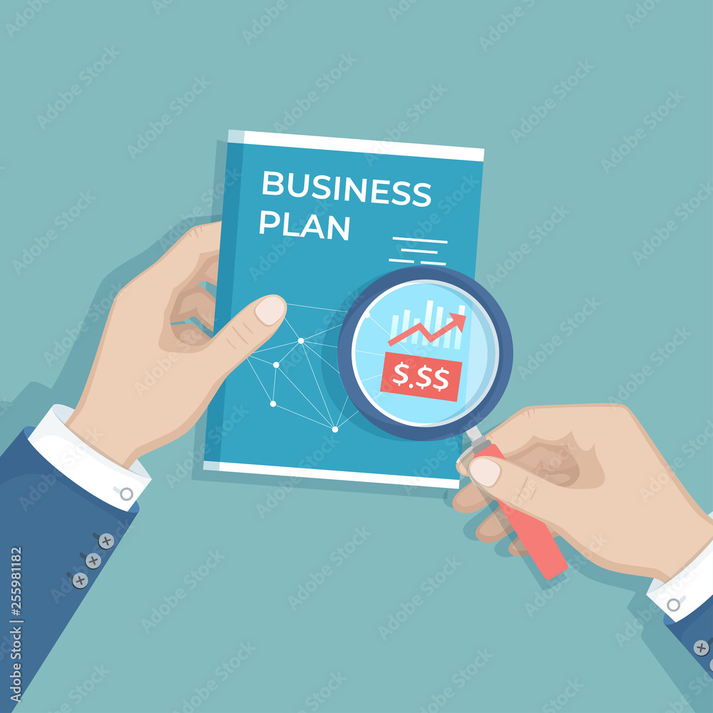 Businessman studying business plan. Analysis, analytics, strategy, profit growth, investment, success, project management, report. Human hand holding a magnifying glass and document book. Vector Businessman studying business plan. Analysis, analytics, strategy, profit growth, investment, success, project management, report. Human hand holding a magnifying glass and document book. Vector