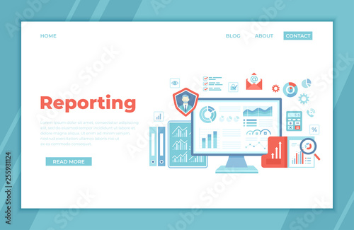 Business Data Reporting, Consulting, Analytics, Credit report, Accounting. Graphs and charts on the monitor screen, documents, folders. landing page template for web. Business banner.  Vector
