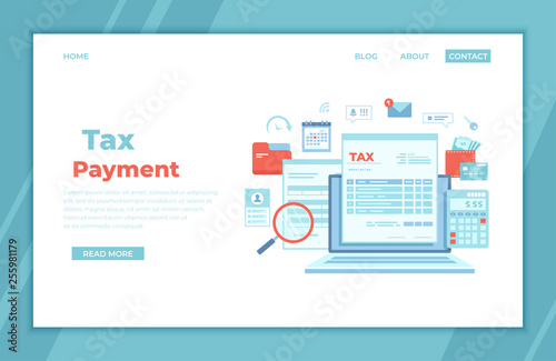 Tax payment. State Government taxation, calculation of tax return. Tax form, financial calendar, magnifying glass, money, credit card, invoice. landing page for web, banner. Vector illustration.