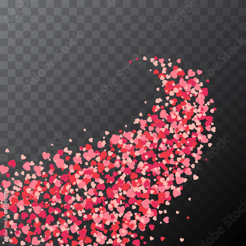 Confetti cover. Path with falling hearts shapes. Transparent background. Magic vector waves with particles isolated on black background. Sparkle hearts form stardust. Magical trail with hearts