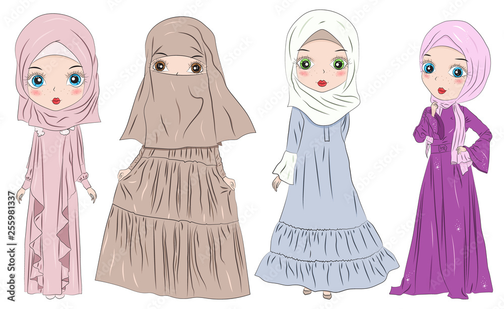 Set of hand drawn Arabic woman in hijab and Niqab on white background.  Cartoon character in traditional Muslim hijab. Islamic Women in Niqab  Style. Stock Vector | Adobe Stock