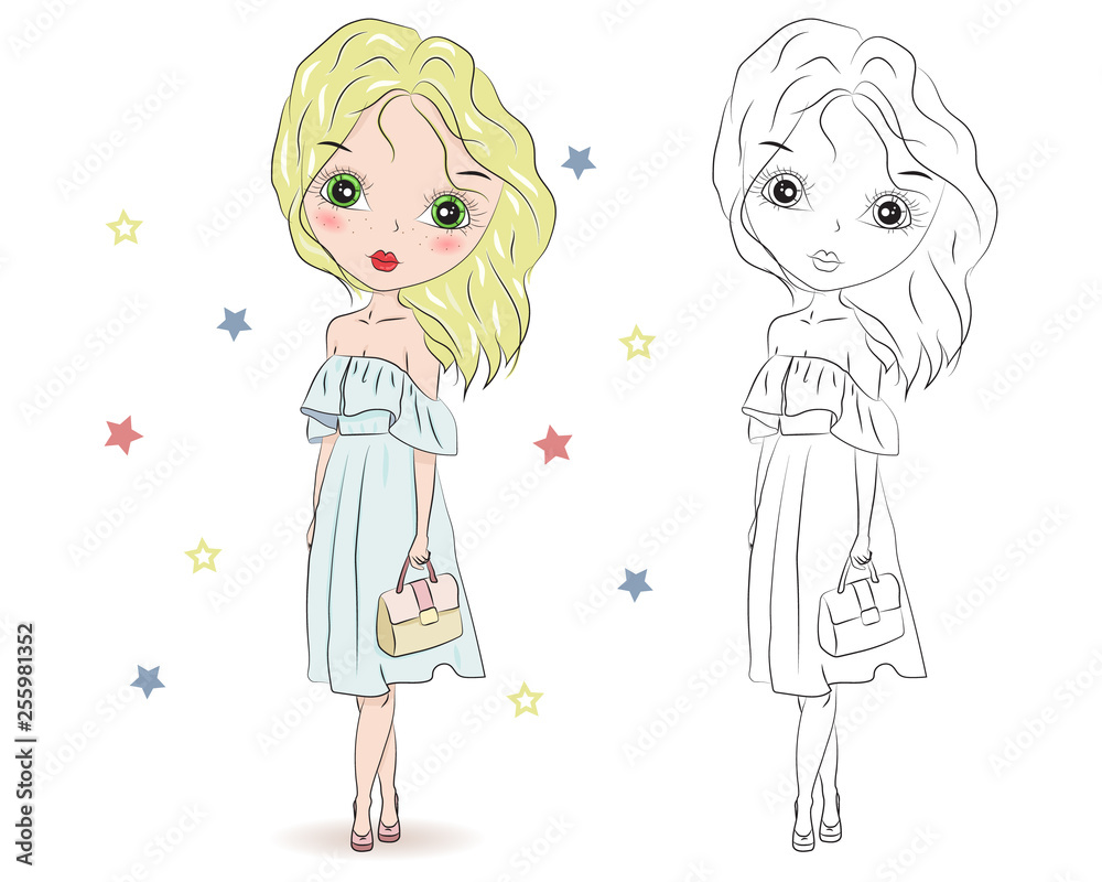 Set of hand drawn beautiful cute cartoon summer girls on white background. Cartoon fashionable girls. Cartoon character. Coloring book pages for kids. Outline for coloring page cartoon vector Set of hand drawn beautiful cute cartoon summer girls on white background. Cartoon fashionable girls. Cartoon character. Coloring book pages for kids. Outline for coloring page cartoon vector