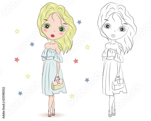 Set of hand drawn beautiful cute cartoon summer girls on white background. Cartoon fashionable girls. Cartoon character. Coloring book pages for kids. Outline for coloring page cartoon vector