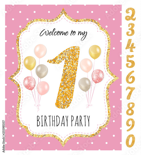 Girl's birthday invitation, birthday party with set of gold glitter numbers. Printable vector template with pink background with white polka dots and golden glitter elements.