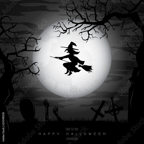 Halloween background with Witch Silhouette. Invitation for party. Mix of Various Spooky Creatures, Moon. Halloween night vector illustration. Halloween background with scary graveyard.