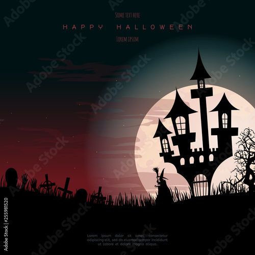 Halloween background with Witch Silhouette. Invitation for party. Mix of Various Spooky Creatures, Moon. Halloween night vector illustration. Halloween background with scary graveyard.