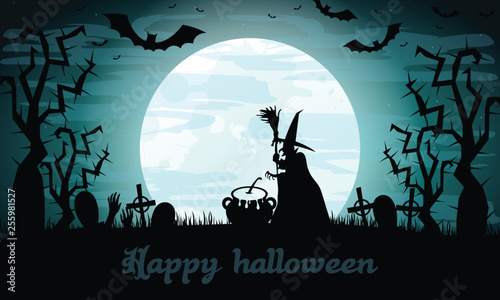 Halloween background with Witch Silhouette. Invitation for party. Mix of Various Spooky Creatures, Moon. Halloween night vector illustration. Halloween background with scary graveyard.