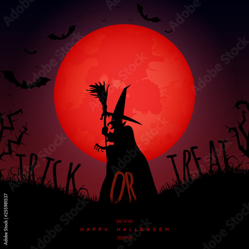 Halloween background with Witch Silhouette. Invitation for party. Mix of Various Spooky Creatures, Moon. Halloween night vector illustration. Halloween background with scary graveyard.